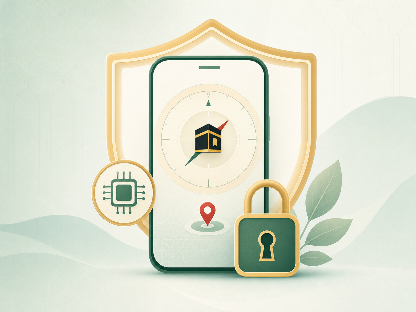 Illustration of a phone, shield, and lock representing on-device privacy for Offline Qibla.
