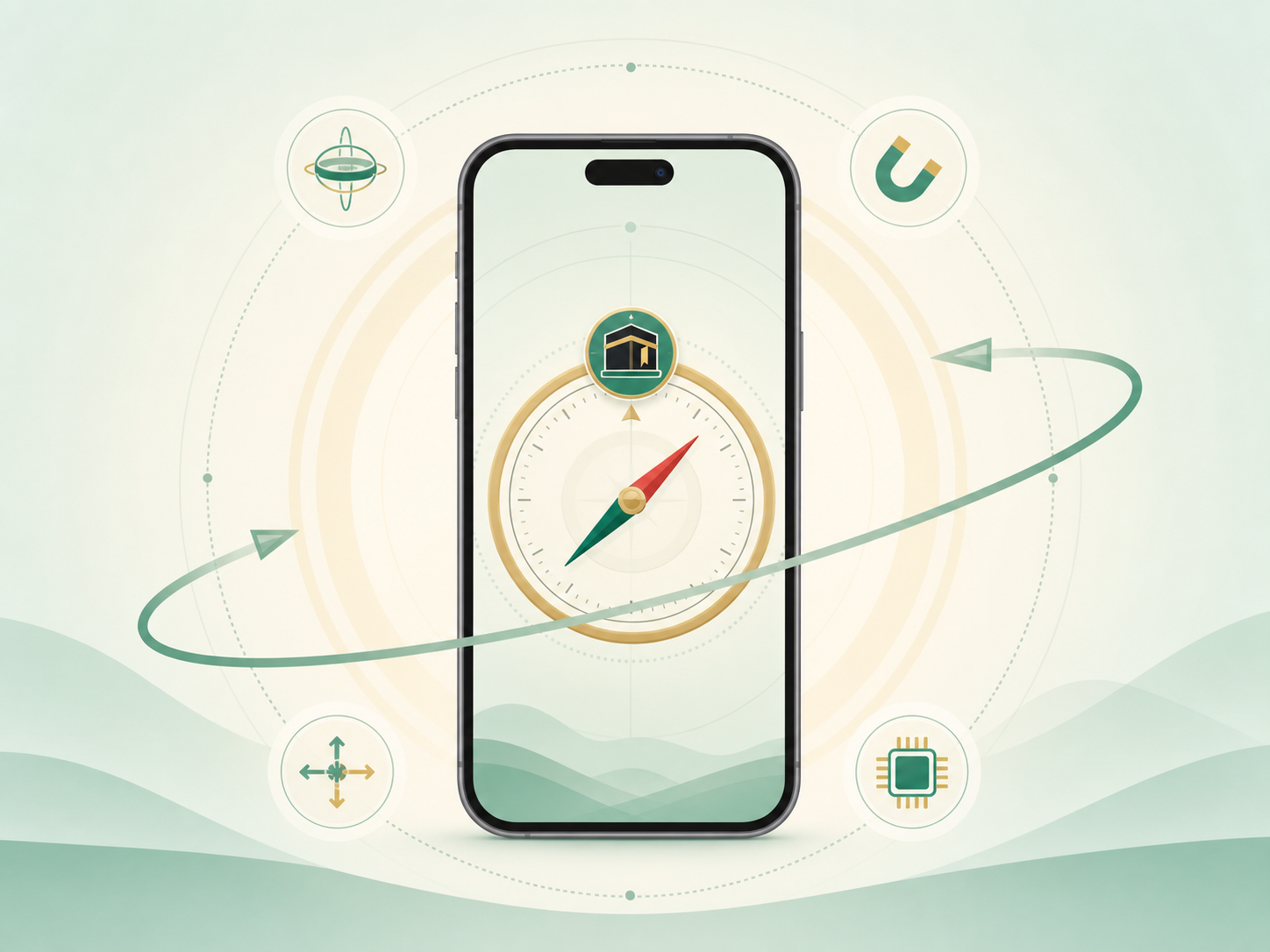 Illustration of a phone showing a Qibla compass and device sensor guidance.